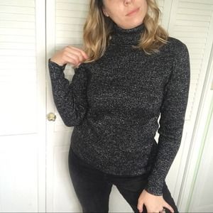 Style & Co. black knit slim fit silver metallic casual turtleneck sweater Sz S